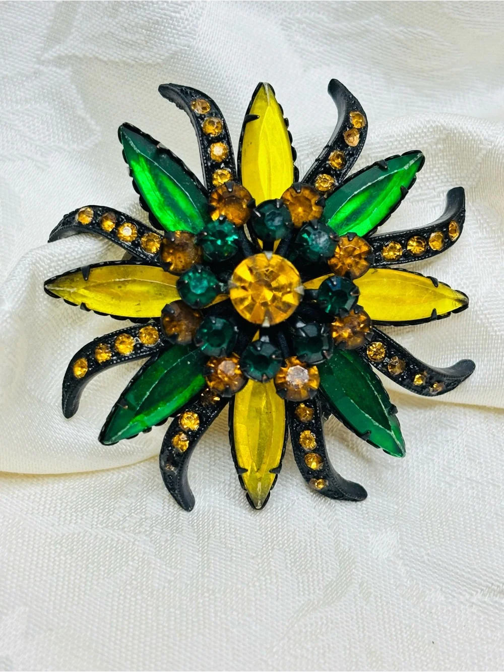 Vintage Selro Selini Brooch Amber Green Yellow Rhinestone